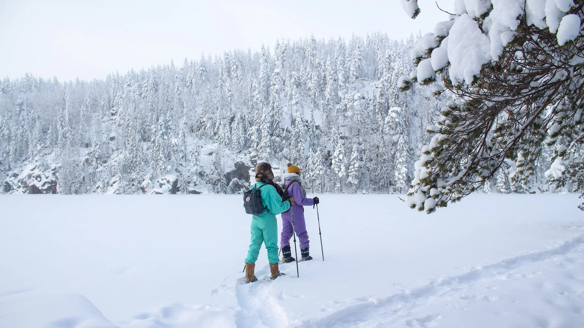 Etelä-Konneveden Kansallispuisto talvella, lumikenkäilijät järven jäällä